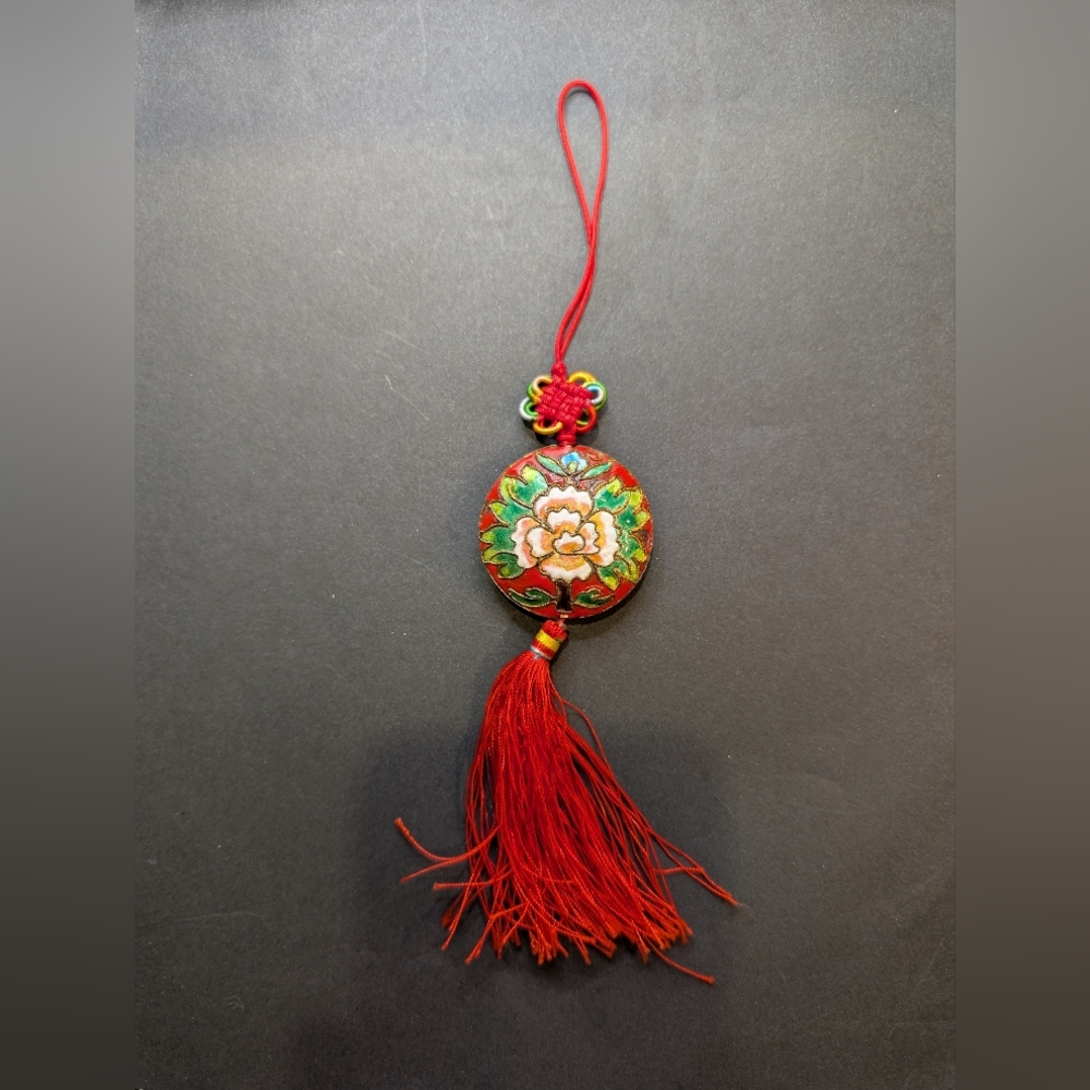Vintage Cloisonné Red and Green Floral Tassel Accessory